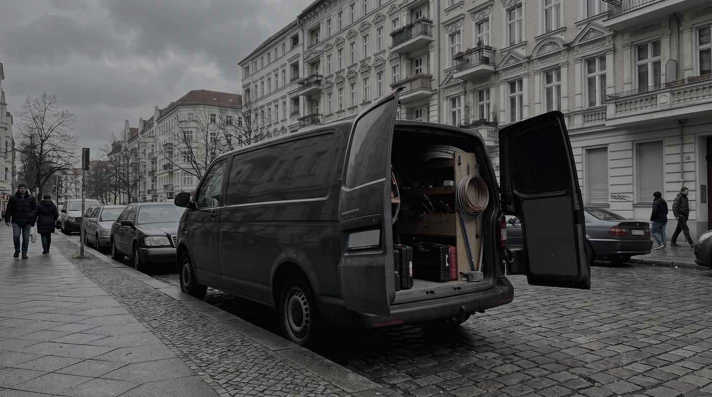 Servicefahrzeug von Hansen Haustechnik mit geöffneten Hecktüren vor einem Berliner Altbau